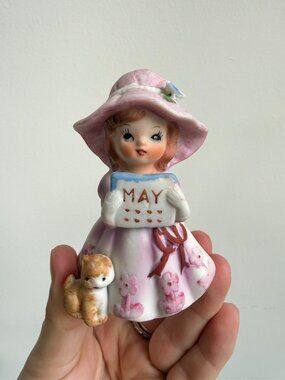 Vintage May Birthday Girl Bisque Figurine with Kitty Cake Topper